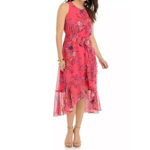 Taylor floral printed ruffle midi dress sleeveless crew neck  pink size 6
